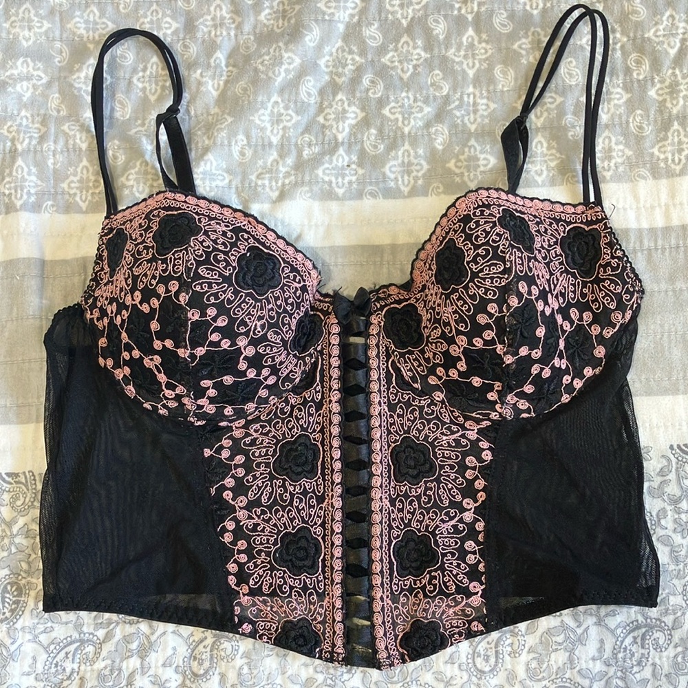 Black and Pink Embroidered Bra with Adjustable Straps